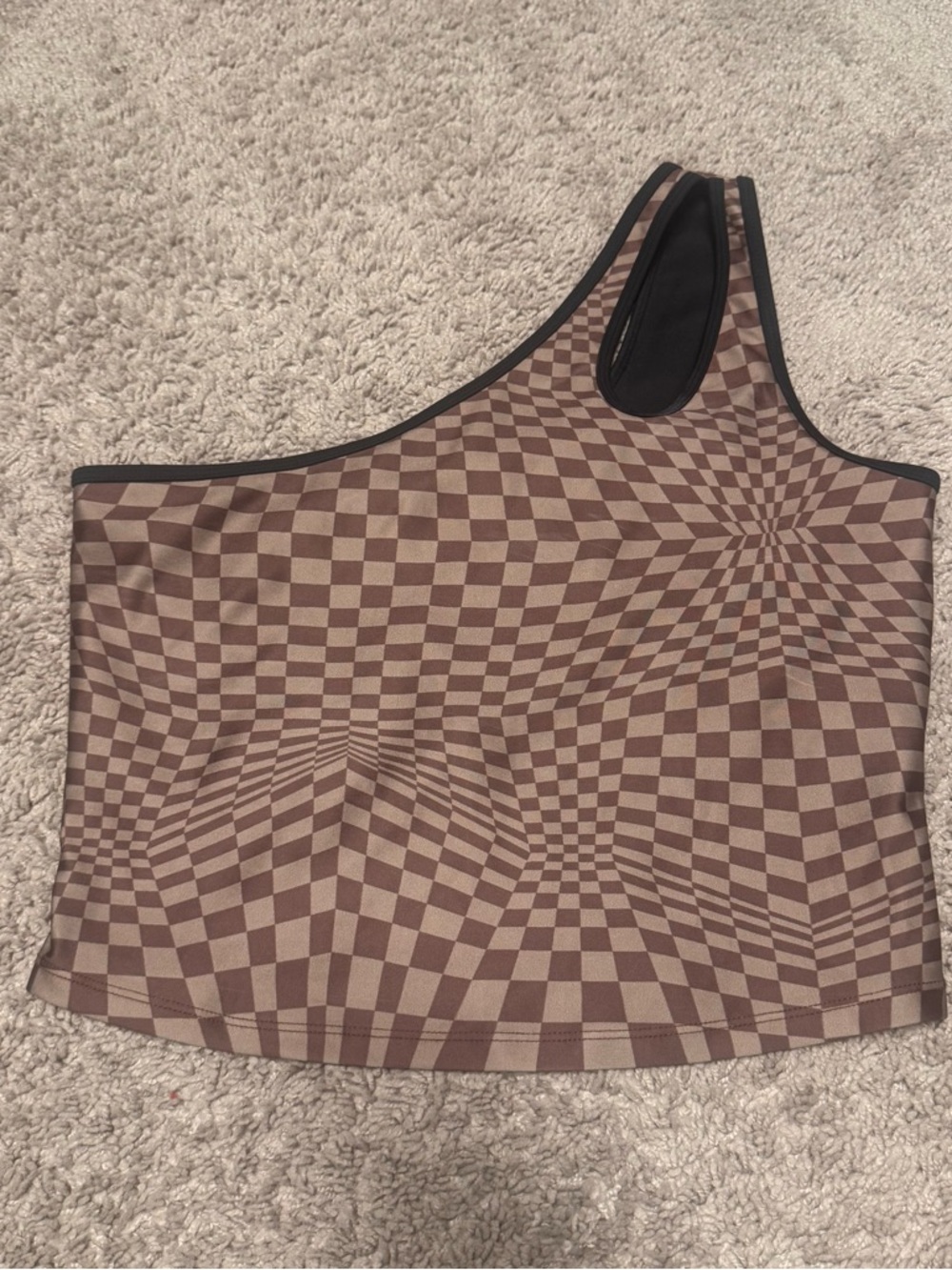 P.E Nation Brown and Cream One-Shoulder Checkerboard Crop Top